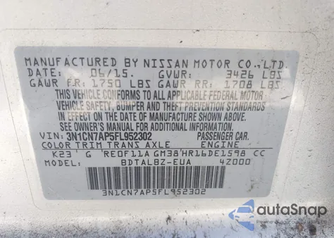 2015 Nissan Versa 1.6 Sv z USA, uszkodzony, nr VIN 3N1CN7AP5FL952302